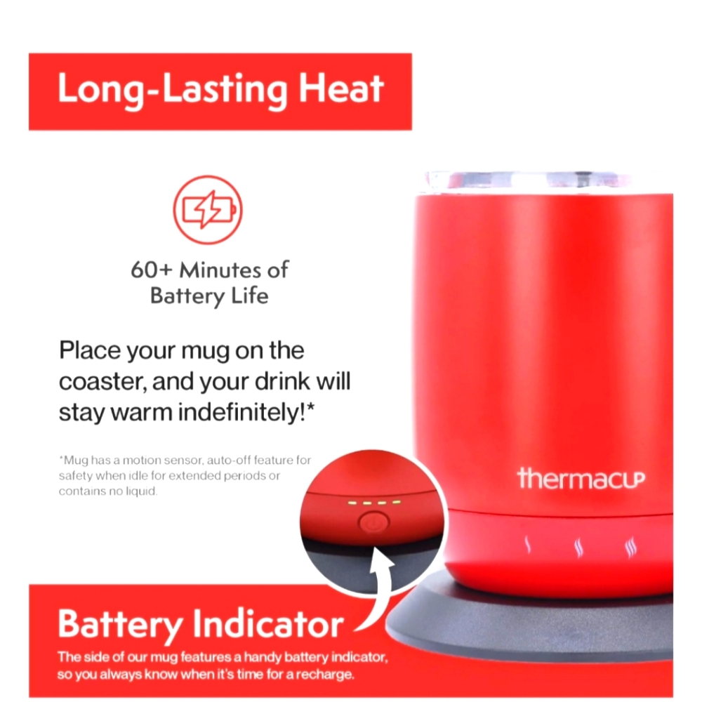 RED Thermacup Self-Heating Temperature Controlled Coffee Mug with Lid BRAND NEW